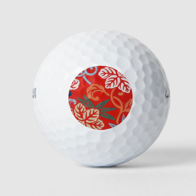 Red Hawaiian Japanese Kimono: Vintage Floral Golf Balls (Front)