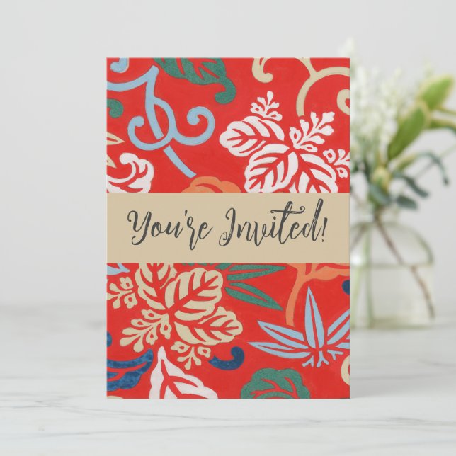 Red Hawaiian Japanese Kimono: Vintage Floral Invitation (Standing Front)