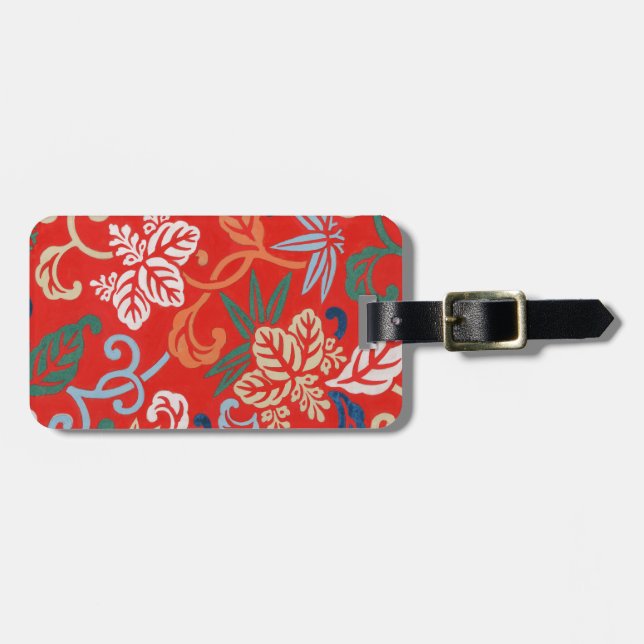 Red Hawaiian Japanese Kimono: Vintage Floral Luggage Tag (Front Horizontal)