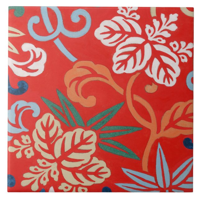 Red Hawaiian Japanese Kimono: Vintage Floral Tile (Front)