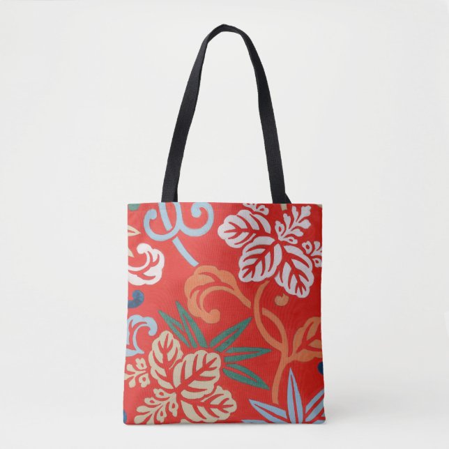 Red Hawaiian Japanese Kimono: Vintage Floral Tote Bag (Front)