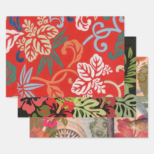 Red Hawaiian Japanese Kimono: Vintage Floral Wrapping Paper Sheet (Set)