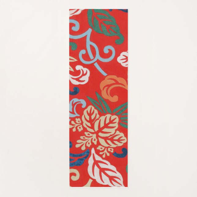 Red Hawaiian Japanese Kimono: Vintage Floral Yoga Mat (Front)