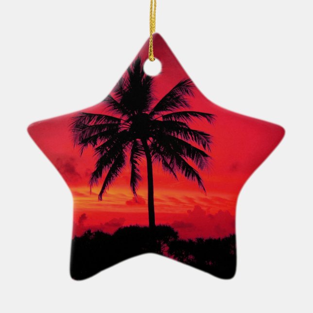 Red Hawaiian Sunset Exotic Palm Trees Ceramic Tree Decoration (Front)