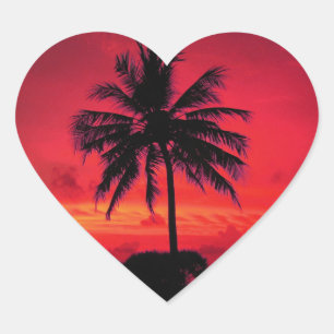 Red Hawaiian Sunset Exotic Palm Trees Heart Sticker