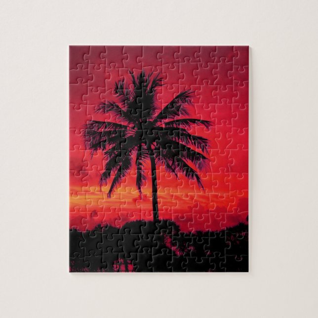 Red Hawaiian Sunset Exotic Palm Trees Jigsaw Puzzle (Vertical)