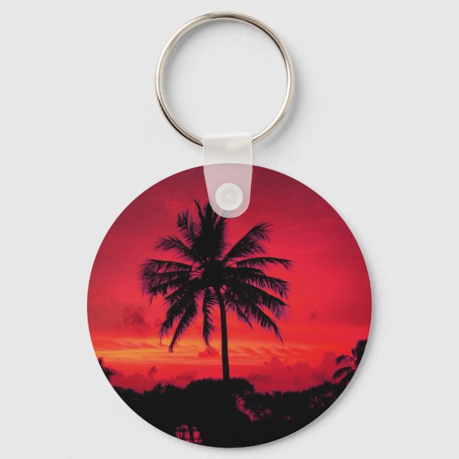Red Hawaiian Sunset Exotic Palm Trees Key Ring (Front)