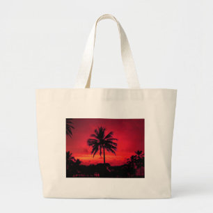 Red Hawaiian Sunset Exotic Palm Trees Large Tote Bag