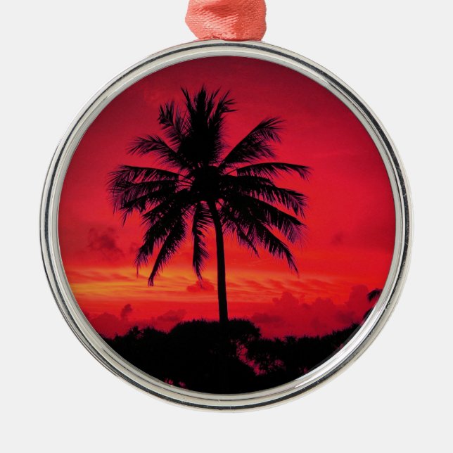 Red Hawaiian Sunset Exotic Palm Trees Metal Tree Decoration (Front)