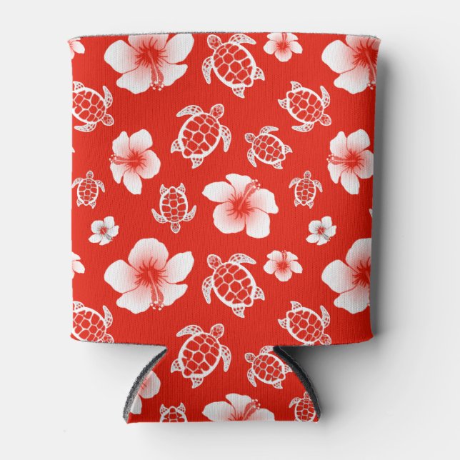 Red Hawaiian Turtles and Hibiscus Can Cooler (Front)