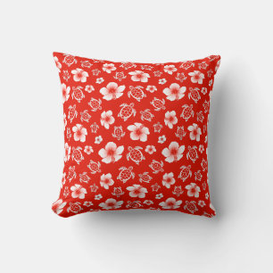 Red Hawaiian Turtles and Hibiscus Cushion