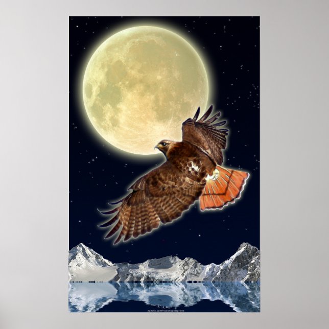 RED HAWK MOON II Wildlife Fantasy Art Poster (Front)