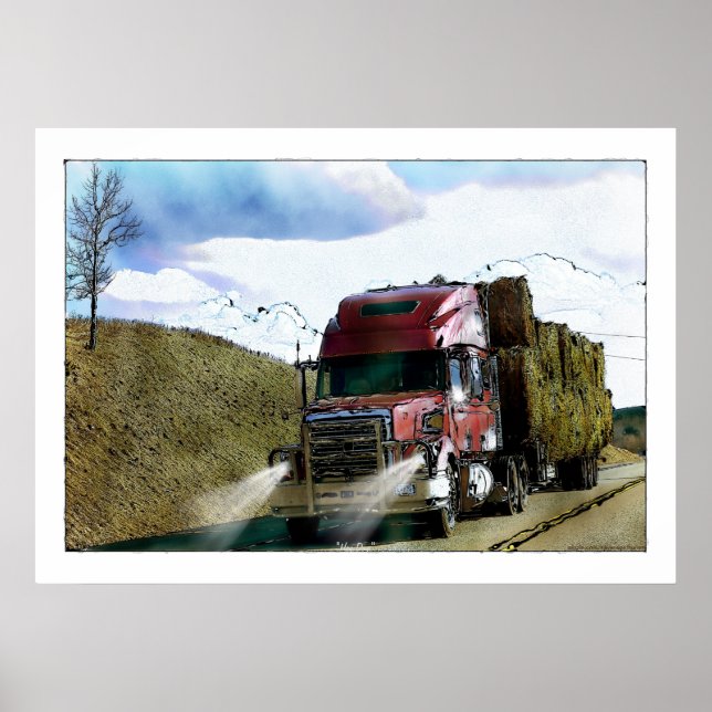 Red Hay Truck Highway Driving Illustration Poster (Front)