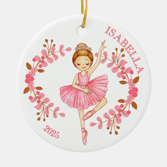 Red-Head Ballerina in Pink  Ceramic Tree Decoration (Front)