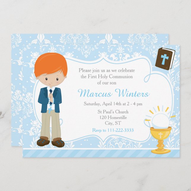 Red Head Boy First Communion Damask Invitation (Front/Back)