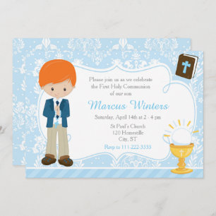 Red Head Boy First Communion Damask Invitation