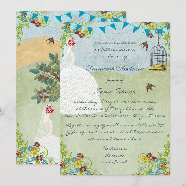 Red Head Bridal Shower Birdcage Bunting Invite (Front/Back)