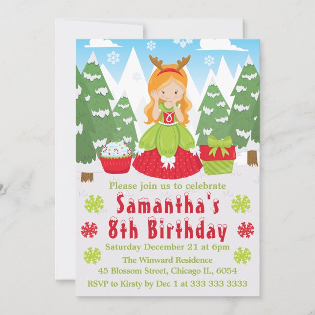 Red Head Christmas Princess Winter Scene Birthday Invitation (Front)