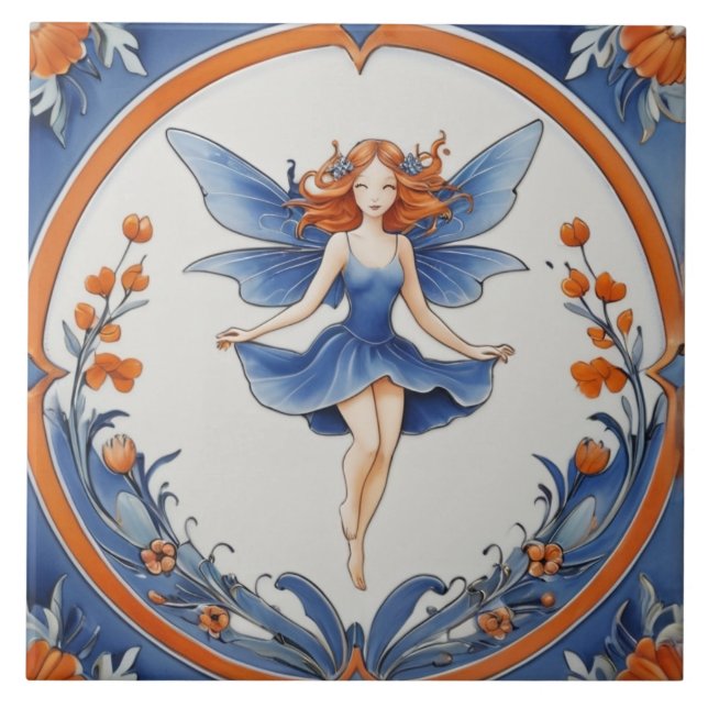 Red Head Fairy in Nature Blue & Orange Floral Tile (Front)
