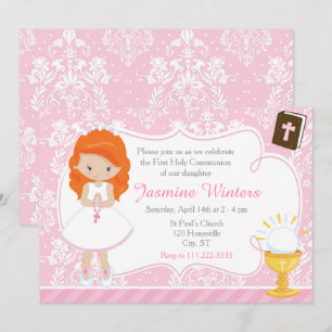 Red Head Girl First Communion Damask Invitation