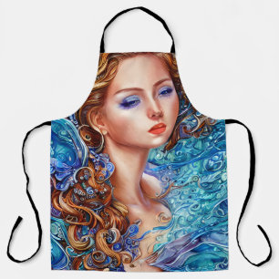 Red Head Goddess Blue Ocean Waves Fantasy Art Apron