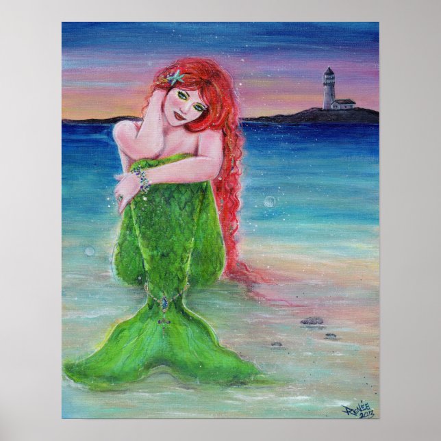 Red head mermaid on the beach with lighthouse poster (Front)