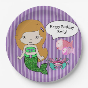 Red Head Mermaid Purple Birthday Party Plates