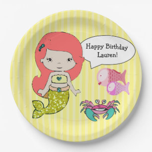 Red Head Mermaid Yellow Birthday Party Plates