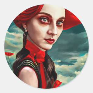 Red Head Poppy Flower Lady fantasy art Classic Round Sticker