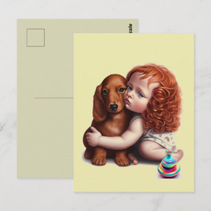 Red Head toddler hugging Dachshund Postcard