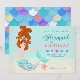 Red Head White Mermaid Birthday Party Invitation