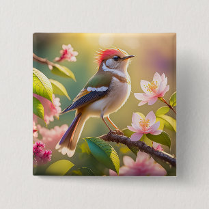 Red Headed Buff Chested Warbler Fantasy Bird 15 Cm Square Badge