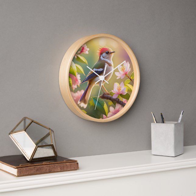 Red Headed Buff Chested Warbler Fantasy Bird Clock (Office)