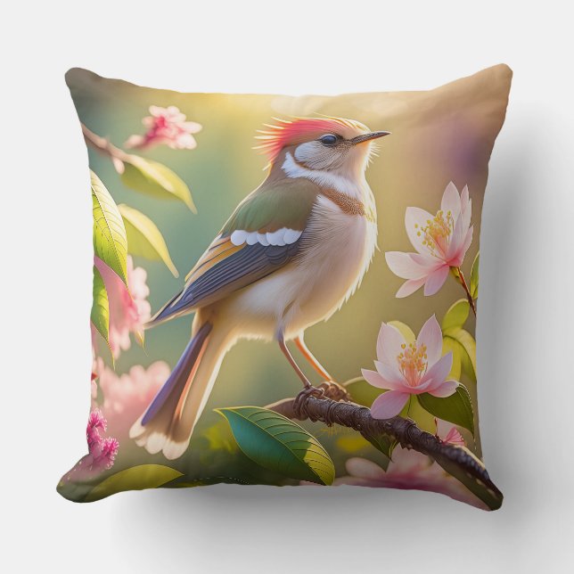 Red Headed Buff Chested Warbler Fantasy Bird Cushion (Front)