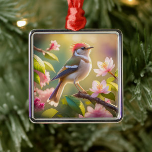Red Headed Buff Chested Warbler Fantasy Bird Metal Tree Decoration