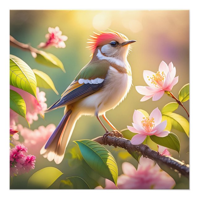 Red Headed Buff Chested Warbler Fantasy Bird Photo Print (Front)