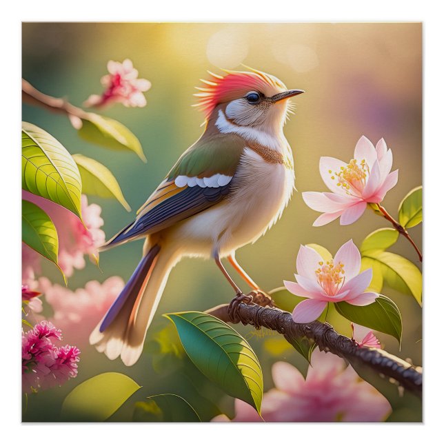 Red Headed Buff Chested Warbler Fantasy Bird Poster (Front)