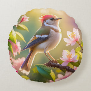 Red Headed Buff Chested Warbler Fantasy Bird Round Cushion