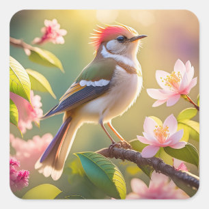 Red Headed Buff Chested Warbler Fantasy Bird Square Sticker