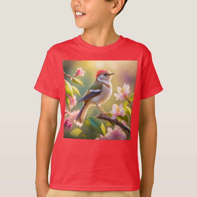 Red Headed Buff Chested Warbler Fantasy Bird T-Shirt (Front)