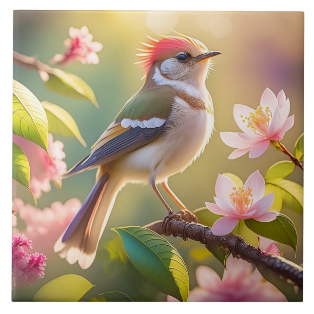 Red Headed Buff Chested Warbler Fantasy Bird Tile (Front)