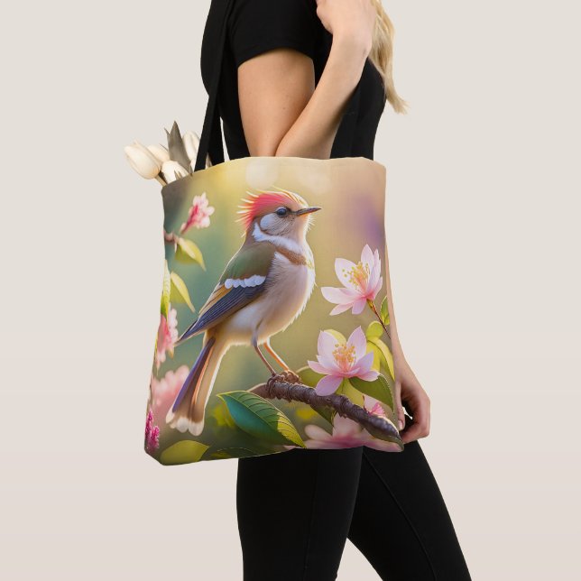 Red Headed Buff Chested Warbler Fantasy Bird Tote Bag (Close Up)