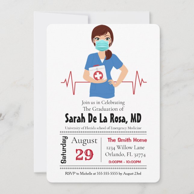 Red Headed Girl Medical School Graduation Invite (Front)