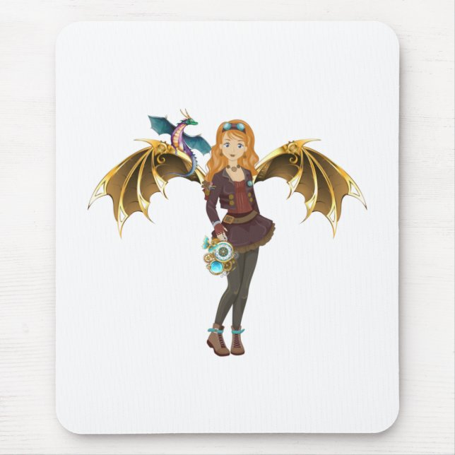 Red-Headed Steampunk Dragon Girl  Mouse Mat (Front)