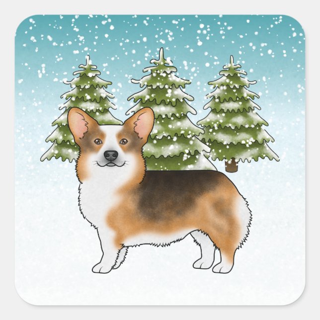 Red Headed Tri Pembroke Corgi Winter Christmas Square Sticker (Front)