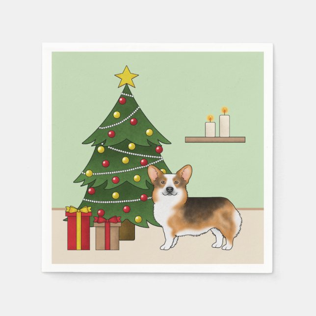 Red Headed Tri Pembroke Welsh Corgi Christmas Tree Napkin (Front)