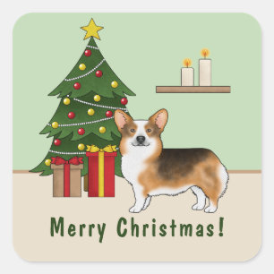 Red Headed Tri Pembroke Welsh Corgi Christmas Tree Square Sticker