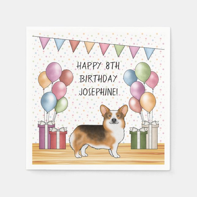 Red Headed Tri Pembroke Welsh Corgi Happy Birthday Napkin (Front)