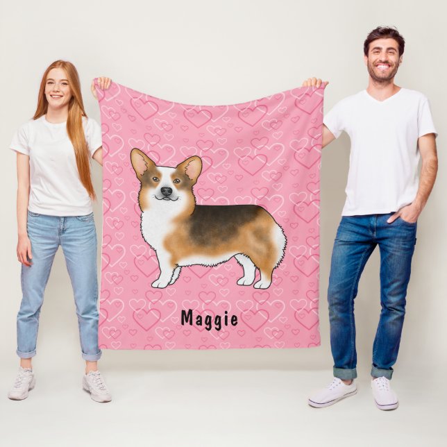 Red Headed Tri Pembroke Welsh Corgi Hearts & Name Fleece Blanket (In Situ)