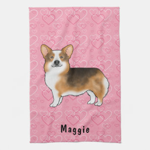 Red Headed Tri Pembroke Welsh Corgi Hearts & Name Tea Towel